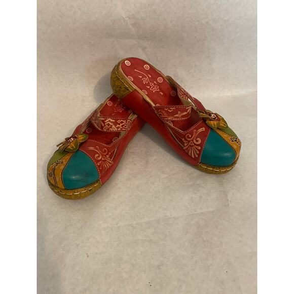 Skye Trubelle  Leather Red Platform Clogs Slippers On Floral Size 39 Boho US 9 - Picture 2 of 9